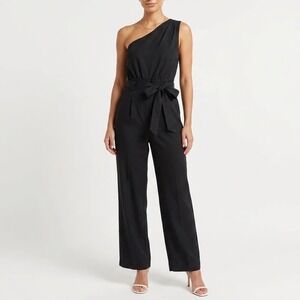 Express Womens Black One Shoulder Tie Waist Wide Leg Jumpsuit L
